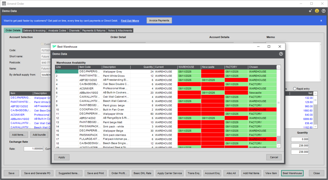 Sage 200 Warehouse Selection.