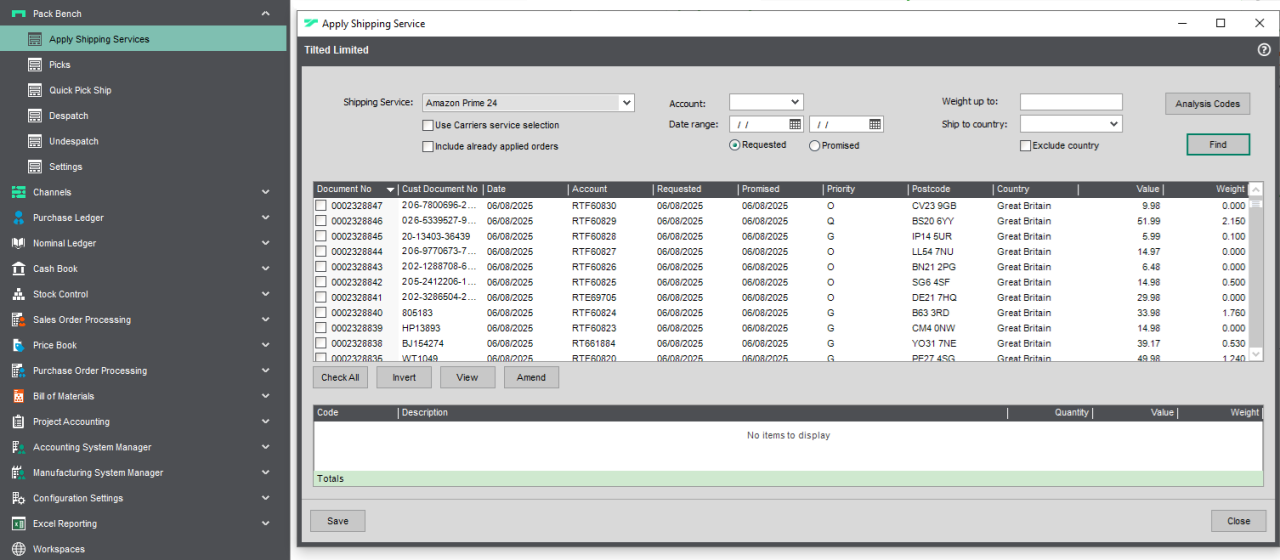 Sage 200 Courier Service List.