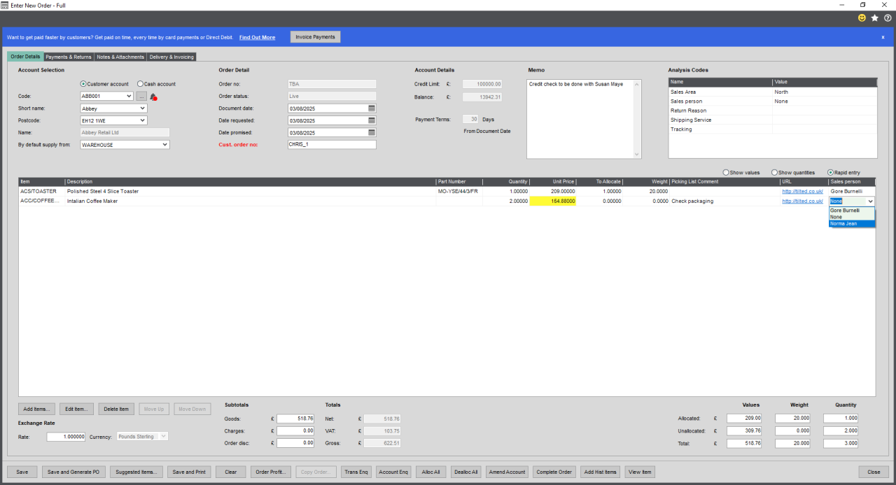 Sage 200 Telesales Order.